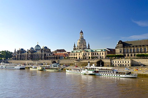 Bruehl's Terrace and Frauenkirche church, seen across the river Elbe, Dresden, Saxony, Germany, Europe