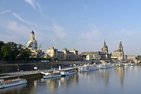 Bruehl's Terrace, Frauenkirche church, Hofkirche church and Dresden Castle seen across the river Elbe from Carolabruecke bridge, Dresden, Saxony, Germany, Europe