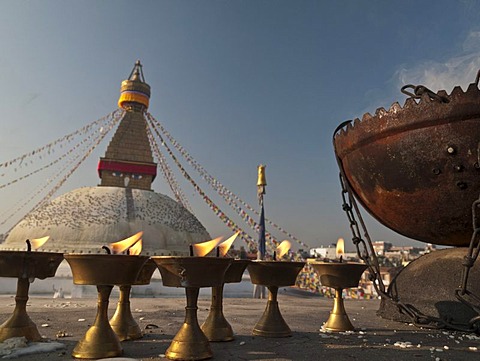 Requisites for religious ceremonies in front of Boudnath stupa, Boudnath, Kathmandu, Nepal, South Asia