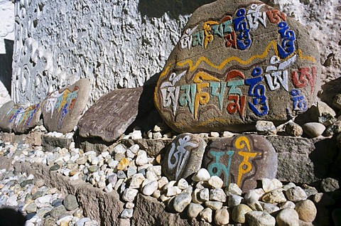 Mani stones with the Buddhist mantra of Avalokiteshvara, the Om Mani Padme Hum, Leh, Jammu and Kashmir, India, Asia