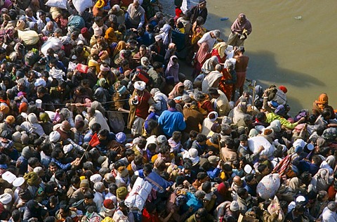 Millions waiting to take Maha Snan, the spiritually cleaning dip in the water at the confluence of the Rivers Ganges, Yamuna and Saraswati in Allahabad, Uttar Pradesh, India, Asia