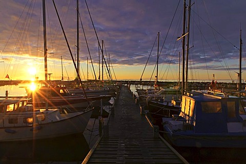 Sunrise over the yachts at the jetty, Spodsbjerg, Langeland, Denmark, Europe