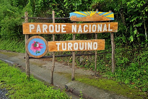 Sign at the entrance to the Parque Nacional Turquino national park in the Sierra Maestra, near Bartholome Maso, Cuba, Caribbean