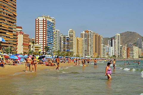 High-rise buildings and bathers on the Playa Levante beach, mass tourism, Benidorm, Costa Blanca, Spain, Europe