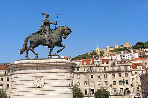 Equestrian statue of King Joao I at Praca da Figueira and Castelo de Sao Jorge castle, Baixa district, Lisbon, Portugal, Europe