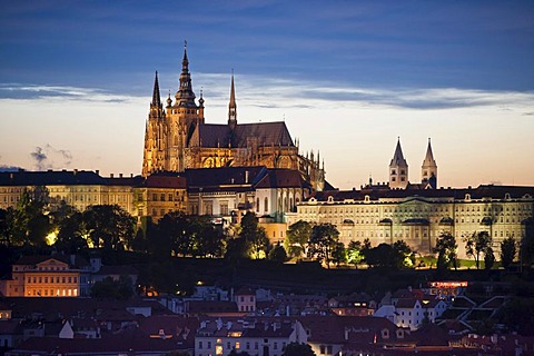 View from the Old Town Hall towards Hrad&any, the Castle District, with Prague Castle and St. Vitus Cathedral, Prague, Bohemia, Czech Republic, Europe