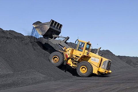 Large wheel loader loading coal, Baralaba Rail Loading Facilities near Moura, Queensland, Australia