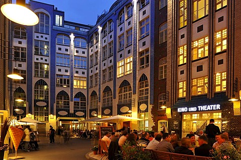 Evening view, nightlife in Berlin, Hackesche Hoefe, courtyard, with movie theatre, Chamaeleon Variete and restaurants, Mitte quarter, Berlin, Germany, Europe