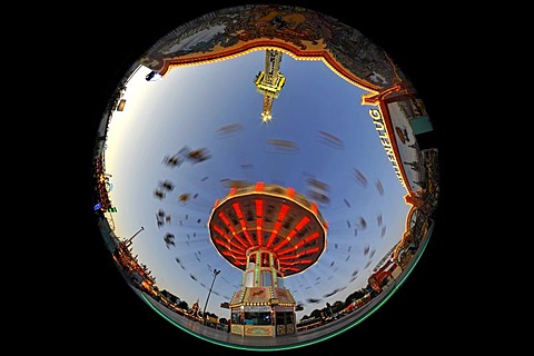 Night scene, fisheye shot, Chair-O-Planes or swing carousel, Cannstatter Volksfest, Wasen, Stuttgart Beer Festival, Bad Cannstatt, Stuttgart, Baden-Wuerttemberg, Germany, Europe, PublicGround