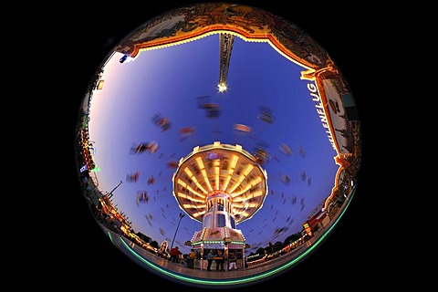 Night scene, fisheye shot, Chair-O-Planes or swing carousel, Cannstatter Volksfest, Wasen, Stuttgart Beer Festival, Bad Cannstatt, Stuttgart, Baden-Wuerttemberg, Germany, Europe, PublicGround