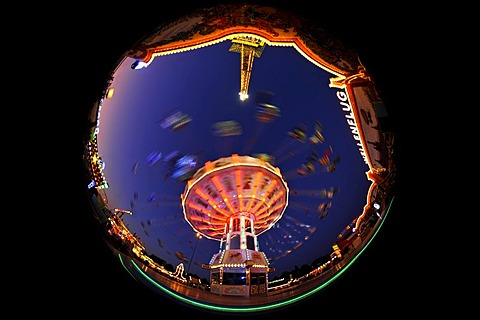 Night scene, fisheye shot, Chair-O-Planes or swing carousel, Cannstatter Volksfest, Wasen, Stuttgart Beer Festival, Bad Cannstatt, Stuttgart, Baden-Wuerttemberg, Germany, Europe, PublicGround