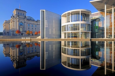 Reichstag Building and Paul Loebe Building reflected in the Spree River in autumn, Berlin, Germany, Europe, PublicGround