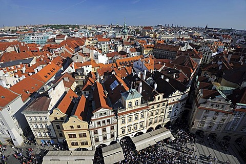 The Old Town Square and the historic district of Prague as seen from the tower of the Old Town Hall, Prague, Bohemia, Czech Republic, Europe