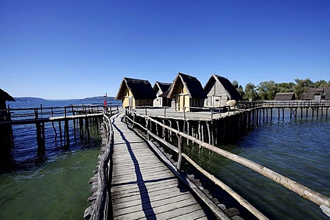 Pile dwellings, Pfahlbaumuseum open-air museum, Unteruhldingen on Lake Constance, Bodenseekreis district, Baden-Wuerttemberg, Germany, Europe