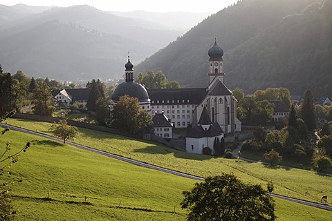 St Trudpert, former Benedictine monastery, 9th Century, in the evening light, Muenstertal, Black Forest, Baden-Wuerttemberg, Germany, Europe