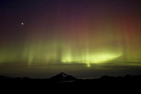 Green and rare red polar lights, aurora borealis, Spitsbergen, Svalbard, Norway, Scandinavia, Europe