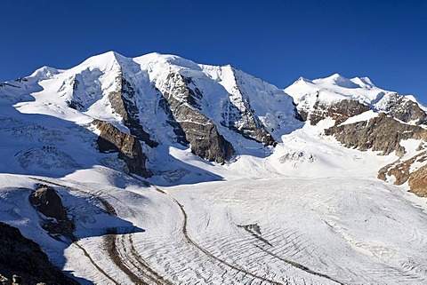 Piz Palue with Pers Glacier at the front, right, Bellavista Mountain, Grisons, Switzerland, Europe