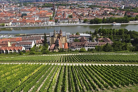 View from Festung Marienberg, Fortress Marienberg, on church of St. Burkard and the Main River, Wuerzburg, Lower Franconia, Franconia, Bavaria, Germany, Europe