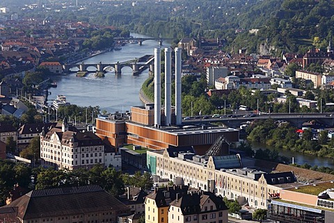 View from Steinberg hill, on combined heat and power station, Kulturspeicher cultural centre, Main River, Alte Mainbruecke bridge, Wuerzburg, Lower Franconia, Franconia, Bavaria, Germany, Europe, PublicGround