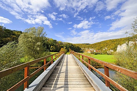 Pedestrian bridge across the Danube, St. George's Basilica, right, near Thiergarten, Sigmaringen district, Baden-Wuerttemberg, Germany, Europe