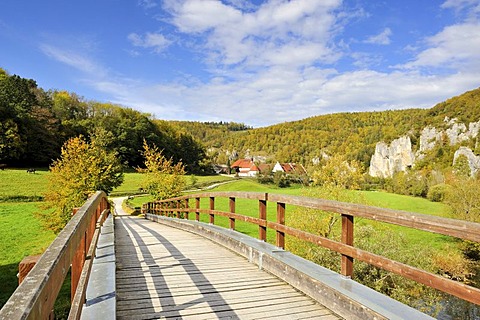 Pedestrian bridge across the Danube, St. George's Basilica, right, near Thiergarten, Sigmaringen district, Baden-Wuerttemberg, Germany, Europe