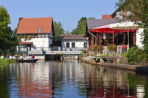 Excursion boat with tourists, Spreewald, Schlepzig, Brandenburg, Germany, Europe