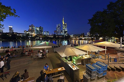 Beer gardens on the River Main at night, Commerzbank building, EZB and Hessische Landesbank at back, Frankfurt am Main, Germany, Europe, PublicGround