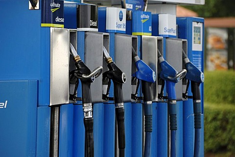 Petrol pumps at a gas station on the A9 motorway, Germany, Europe