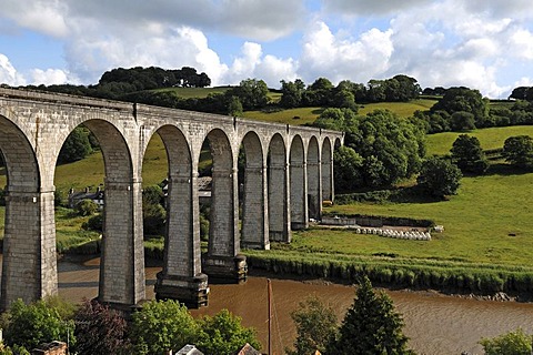 Railway viaduct across the Tamar River, with twelve arches, built in 1908, Calstock, Cornwall, England, United Kingdom, Europe