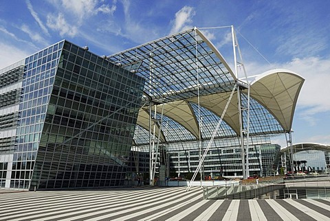 Transparent roof and a modern office building, Terminal 2, Munich Airport, Bavaria, Germany, Europe