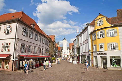 Shops along the pedestrian zone of Burgstrasse, looking towards Deutschordensschloss, Castle of the Teutonic Order, Bad Mergentheim, Baden-Wuerttemberg, Germany, Europe