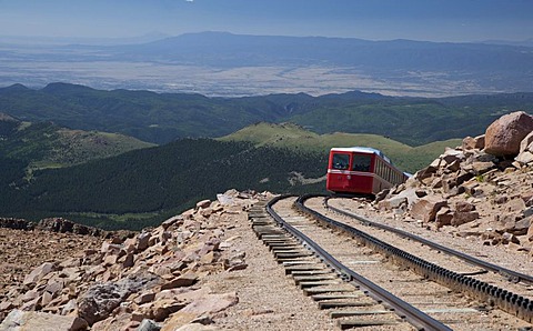 The Manitou and Pikes Peak Railway near the summit of Pikes Peak; the cog railway takes tourists to the top of the 14, 100-foot mountain, Colorado Springs, Colorado, USA