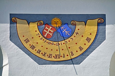 Sundial, Kreuzherrnkirche Church, former Kreuzherren monastery, Memmingen, Unterallgaeu district, Allgaeu region, Swabia, Bavaria, Germany, Europe, PublicGround