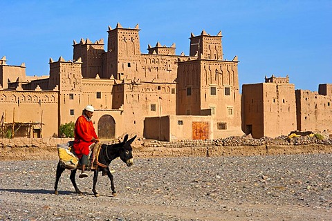 Berber riding on a donkey in front of the Amerhidil Kasbah, mud fortress, residential Berber castle, Tighremt, Skoura, Dades Valley, southern Morocco, Morocco, Africa