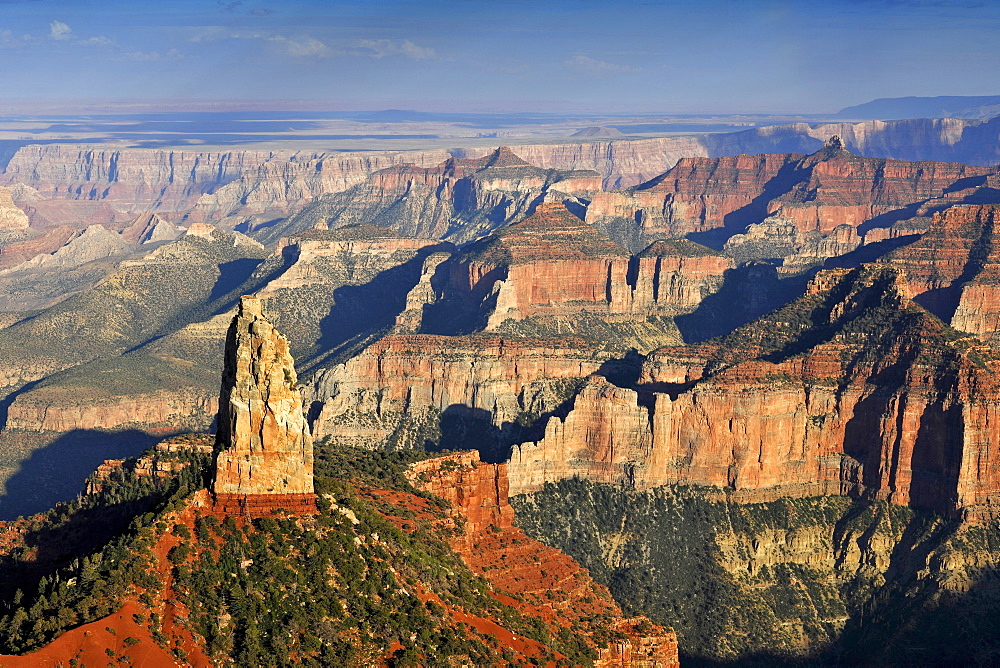 View from Point Imperial towards Mount Hayden, Coconimo Rim, Palisades of the Desert, Cedar Mountain, evening light, Grand Canyon National Park, North Rim, Arizona, United States of America, USA