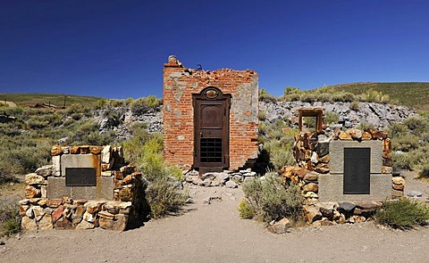 Foundations and vault of the Bodie Bank amidst bank ruins, ghost town of Bodie, a former gold mining town, Bodie State Historic Park, California, United States of America, USA