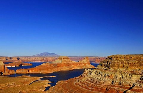 View from Alstrom Point towards Lake Powell, Padre Bay with Gunsight Butte and Navajo Mountain, Bigwater, Glen Canyon National Recreation Area, Arizona, Utah, United States of America, USA