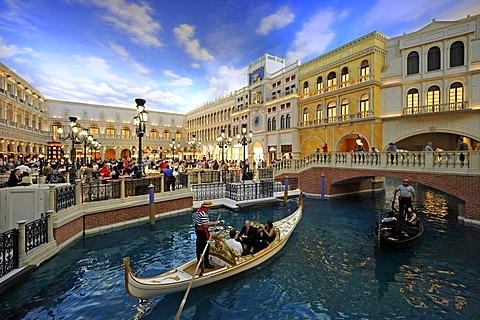 Tourists on a recreated Piazza San Marco, St. Mark's Square, under an artificial sky, Venetian alleys, a wedding ceremony in a wedding gondola, 5-star luxury hotel, The Venetian Casino, Las Vegas, Nevada, United States of America, USA