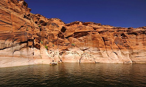 So-called bath tub rings of Antelope Canyon as seen from Lake Powell, indicators of peak water levels, Page, Navajo Nation Reservation, Arizona, United States of America, USA