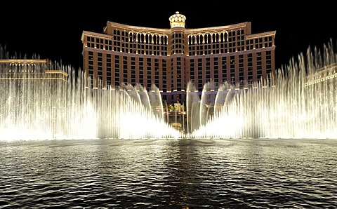 Night scene, water display in front of a luxury hotel, casino, Bellagio, Las Vegas, Nevada, United States of America, USA, PublicGround