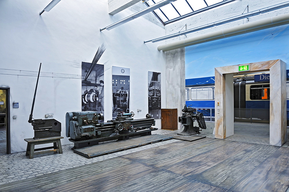 Section of the MVG-Museum where old tools are being exhibited, lathe, Muenchner Verkehrsgesellschaft, MVG, Munich Public Transportation Company, Munich, Bavaria, Germany, Europe