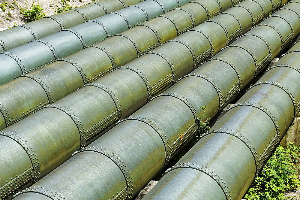 Metal pipes at the Walchenseekraftwerk Hydroelectric Power Station, Kochel am See, Bavaria, Germany, Europe