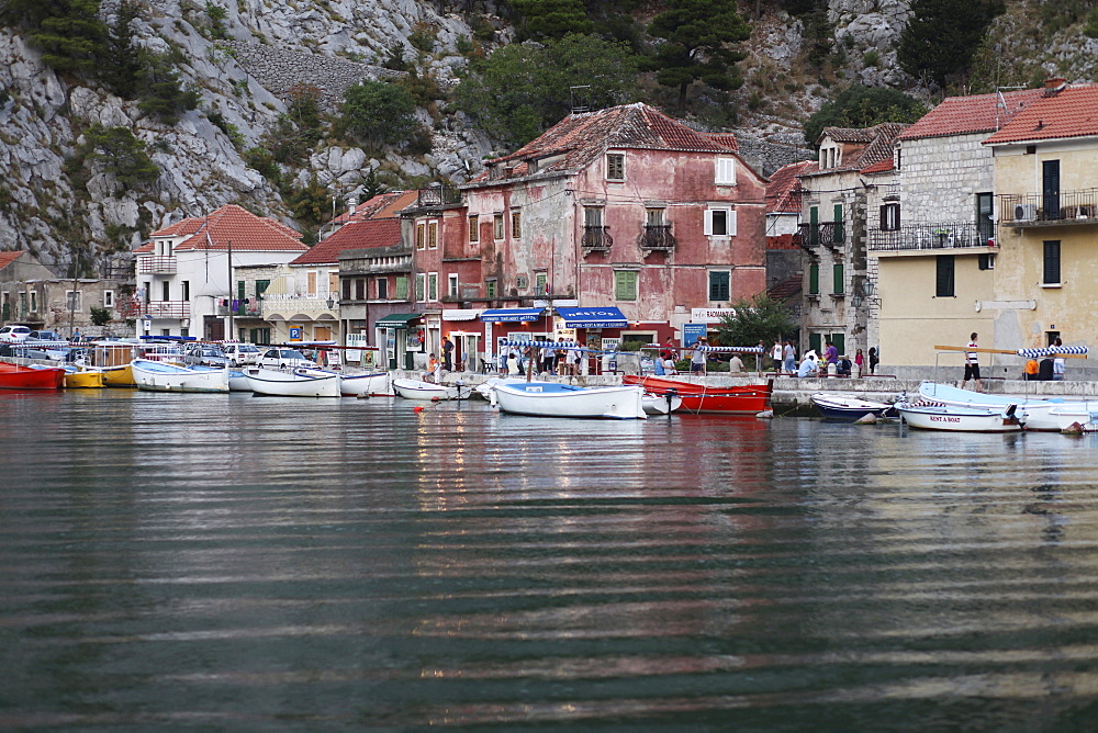 Boats in the harbor, coastal town of Omis, Croatia, Europe