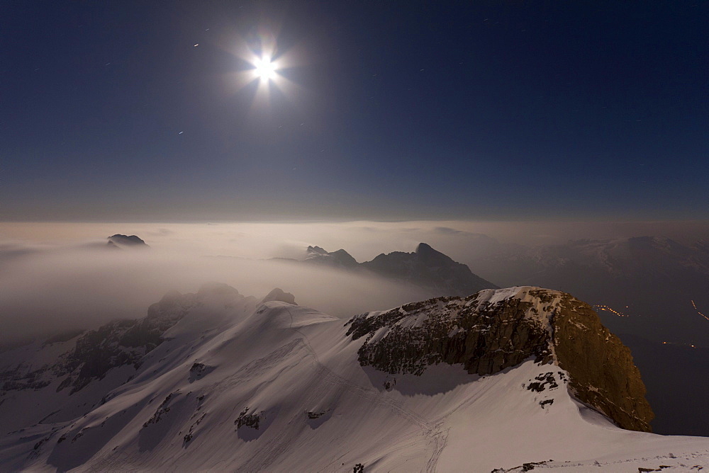 Night shot, Alpstein mountain rising out of the fog in full moon light, Saentis, Appenzell Outer-Rhodes, Appenzell Inner-Rhoden, Switzerland, Europe, PublicGround