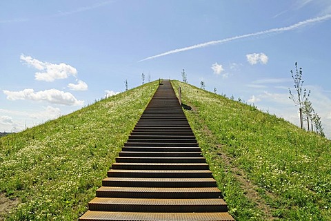 Steep stairs leading on a heap at Lake Phoenixsee on the grounds of the former steelworks Hermannshuette Phoenix-Ost, structural change, residential area, recreational area, Hoerde, Dortmund, North Rhine-Westphalia, Germany, Europe