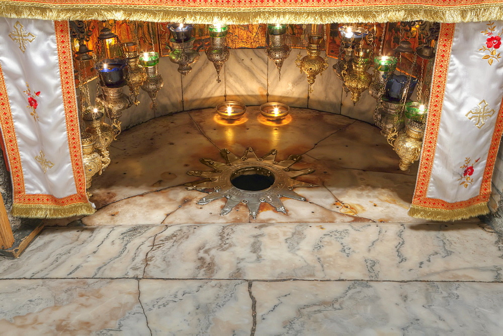 The star that indicates the site where Jesus Christ was born, Church of the Nativity, Bethlehem, West Bank, Palestine, Western Asia