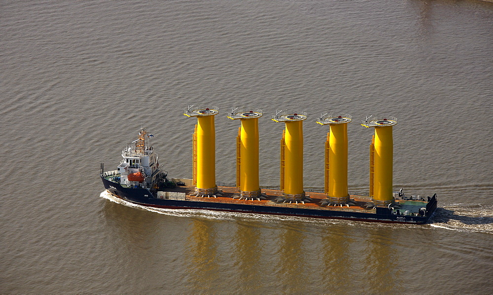 Aerial view, Aura Turka freighter, entrance to Kiel Canal, Dithmarschen, Schleswig-Holstein, Germany, Europe