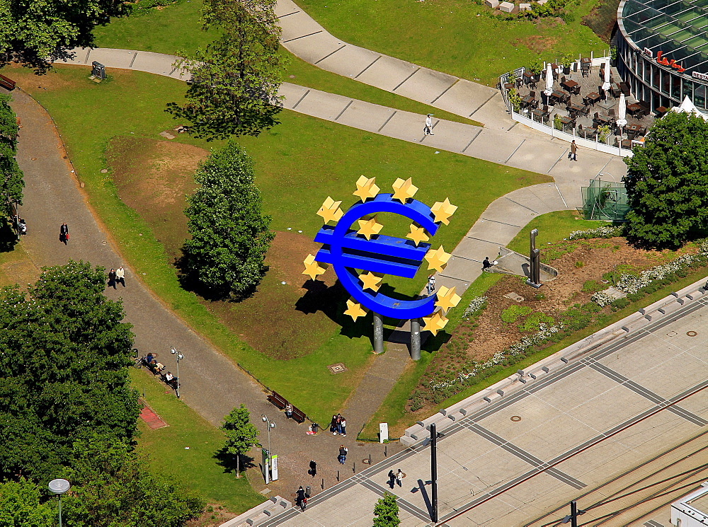 Aerial view, euro sign, European Central Bank, ECB, Frankfurt am Main, Hesse, Germany, Europe