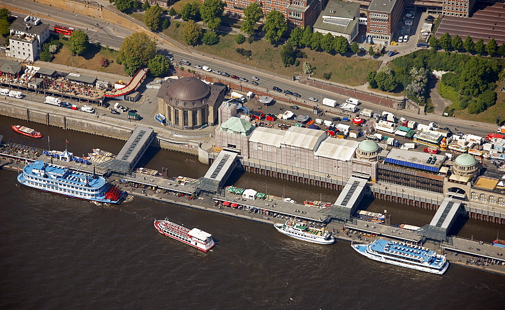 Aerial view, paddle steamer, Old Elbe Tunnel, Elbe river, Landungsbruecken landing stages, Sankt Pauli, Hamburg, Germany, Europe