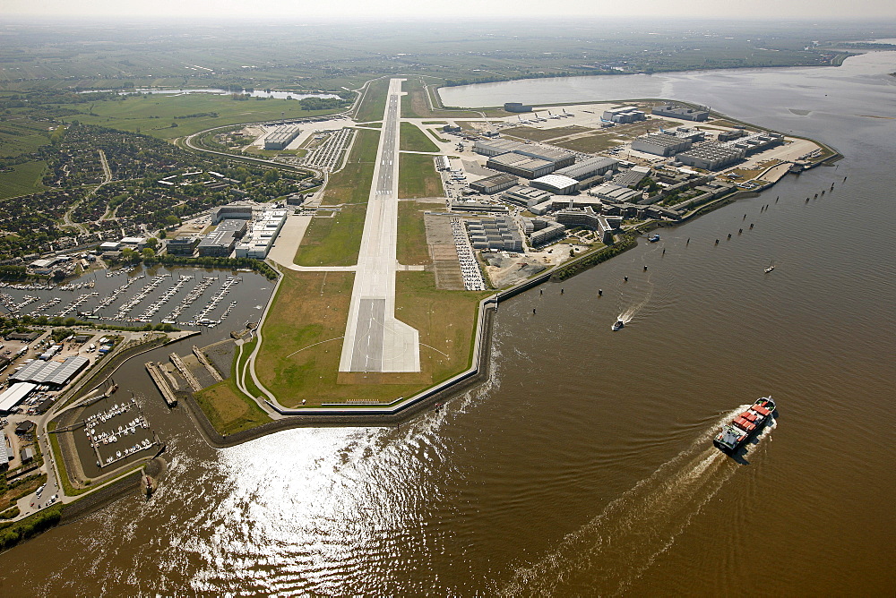 Aerial view, airstrip airport Hamburg-Finkenwerder and premises of the aircraft manufacturer Airbus, Hamburg, Germany, Europe